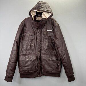 Coogi Pleather Coat Jacket XL Men Hooded Cargo Pockets Zip Snap Brown FLAW